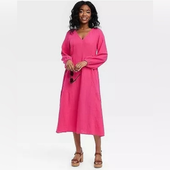 Universal Thread Women’s Gauge Vibrant Pink Long Sleeve Dress with side Ties - Picture 1 of 14